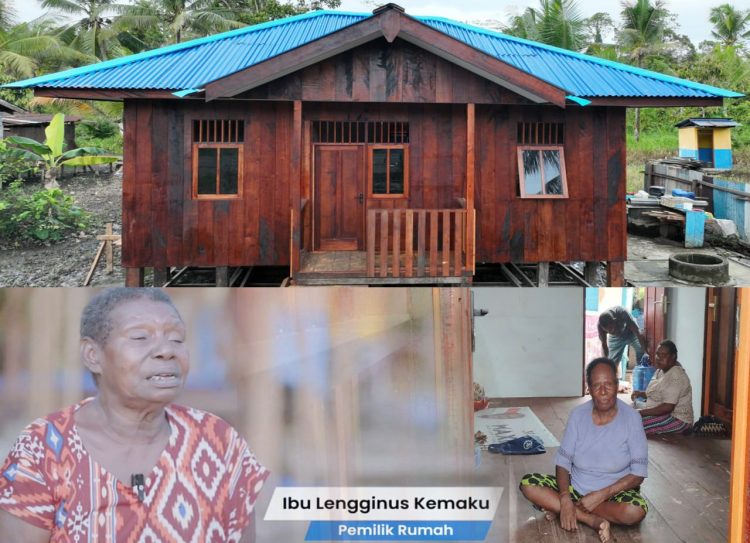 Lengginus Kemaku, warga Kampung Pigapu dan rumah barunya yang telah rampung dibangun oleh satgas TMMD. (Foto: NM)