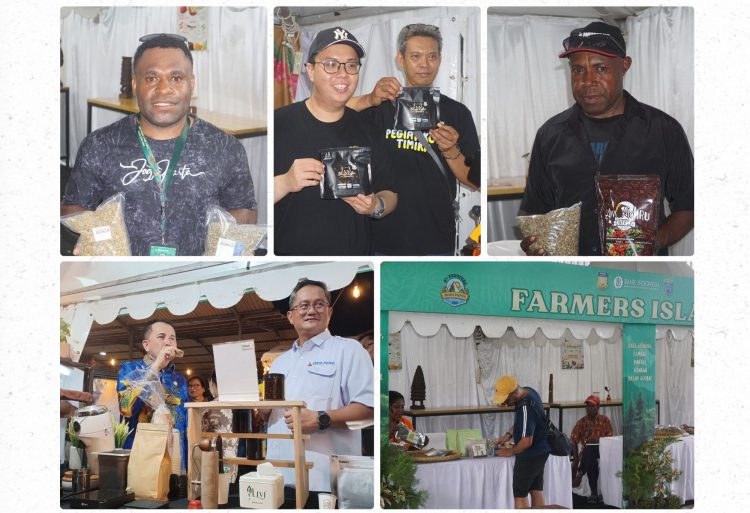 Petani kopi asal Jayawijaya, Joshua Tabuni (atas kiri), Pegiat kopi asal Timika yang dikenal sebagai Opa Black, Musawir (atas tengah), dan Pegiat kopi Ambaidiru dari Kabupaten Kepulauan Yapen, Musa (atas kanan) dalam kegiatan Festival Kopi Papua ke-8 Tahun 2025. (Foto: Darul Muttaqin)