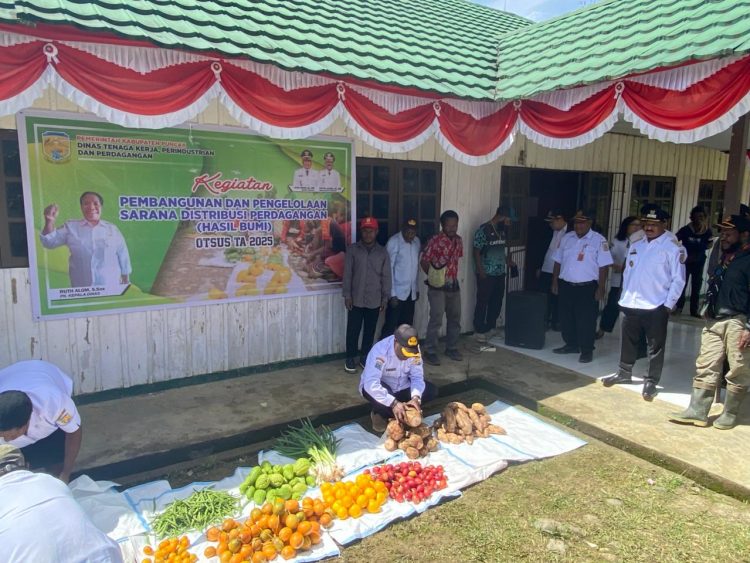 Wakil Bupati Puncak Naftali akawal didampingi oleh Kepala Dinas Disnakerperindag Ibu,Ruth Alom, saat Membuka Kegiatan Belanja Sayur-Mayur  oleh Disnakerperindag, Di Aula Dinas Tenaga Kerja, Perundistrian Dan Perdagangan (Disnakerperindag), Kabupaten Puncak, Ilaga, Kabupaten Puncak. (Foto: Istimewa)