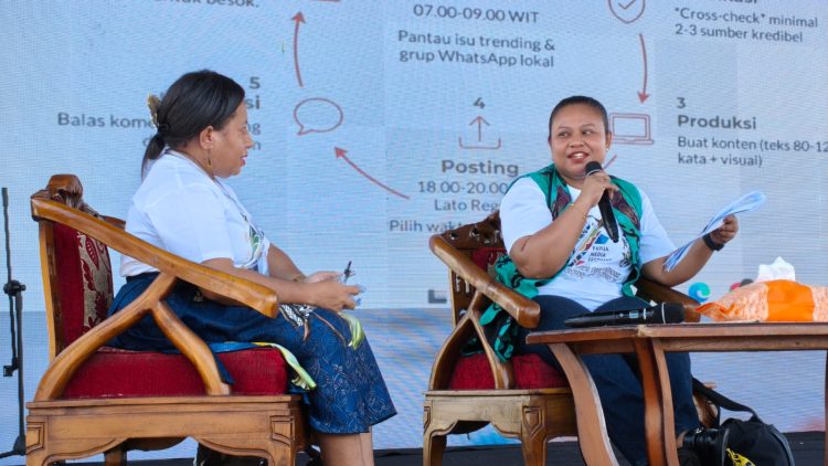 Kepala Biro Antara Papua, Dian Kandipi (kanan), Moderator, Merit Waromi (kiri) dalam workshop ke-3 dengan topik: "Dari Berita ke Viral: Strategi Media Sosial untuk Jurnalis Papua" pada Festival Media Se-Tanah Papua. (Foto: Istimewa)