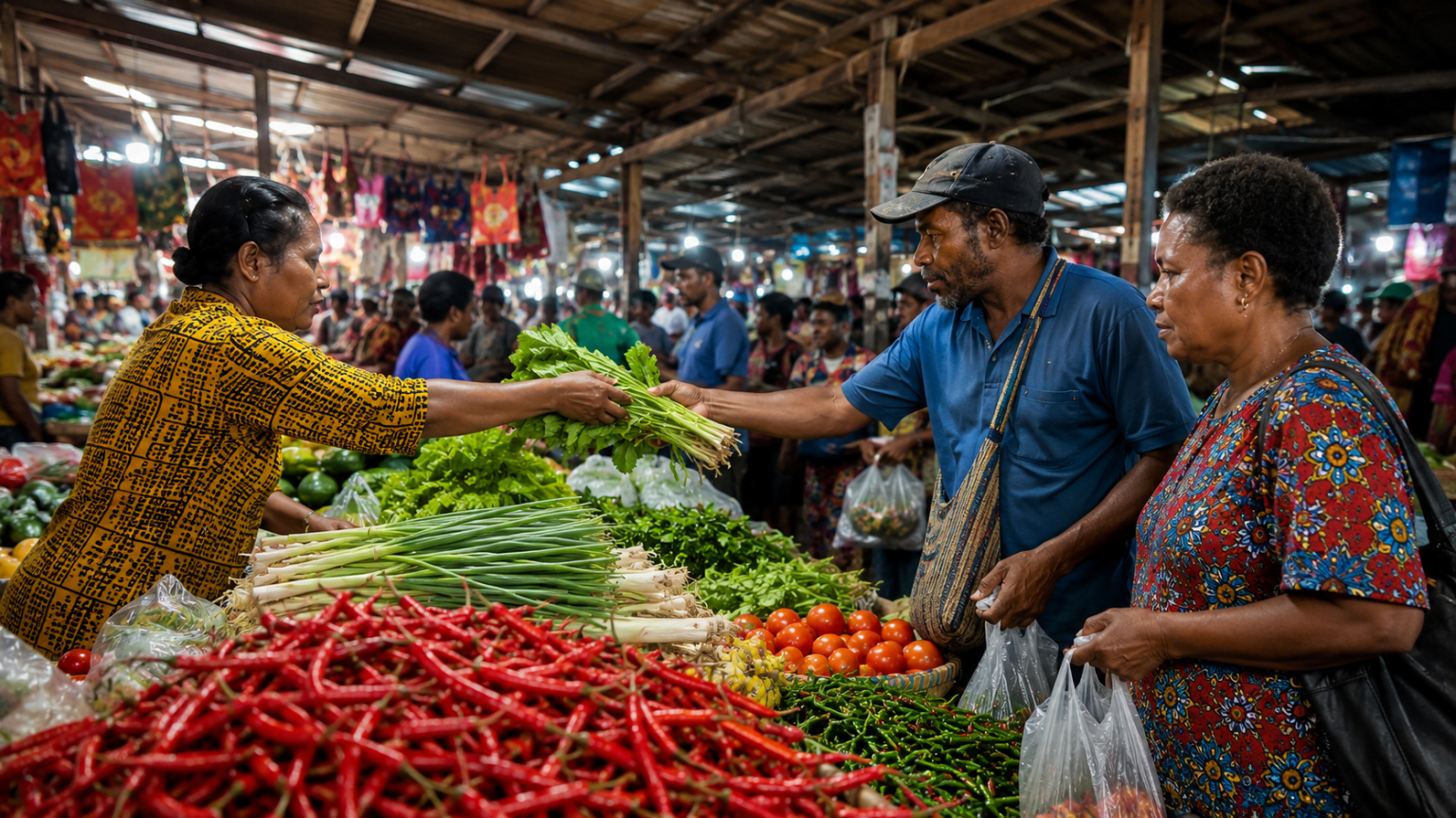 Aktivitas jual beli kebutuhan pangan di salah satu pasar tradisional di Papua. Stabilitas harga bahan pangan menjadi perhatian pemerintah daerah dan Bank Indonesia melalui berbagai langkah pengendalian inflasi. (Foto: HarianTerbaruPapua.com)