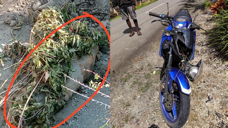 Pepeda motor Yamaha Vixion warna biru tanpa Tanda Nomor Kendaraan Bermotor (TNKB) dengan seorang pejalan kaki. (Foto: Istimewa)